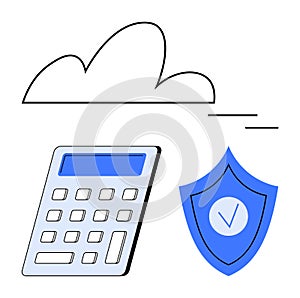 Cloud storage with calculator and shield representing security and data protection