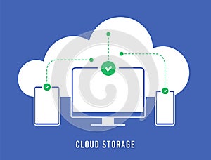 Cloud Storage Computing Services concept. Online data storage solution. Cloud server connected to multiple devices. Vector