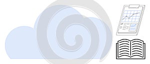 Cloud storage concept with data analytics and open book representing learning and information sharing