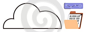 Cloud storage concept with data folder, binary code, and analytics chart