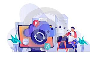 Cloud storage concept in flat design. Content storage online technologies scene template. Man uploads data to cloud service, sync
