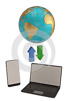 Cloud storage concept globe and smartphone with laptop on white