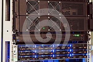 Cloud storage concept. Mining farm cryptocurrency. Modern communication equipment is in the server room. Computer technology
