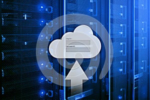 Cloud storage, data access, login and password request window on server room background. Internet and technology concept