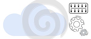 Cloud Computing Concept with Cloud Shape, Server Rack, and Gears Data Processing and Management