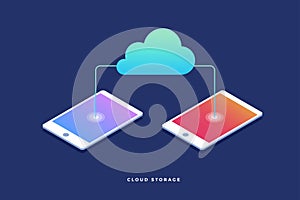 Cloud storage, data transfers on Internet from gadget to gadget. 3d isometric flat design.