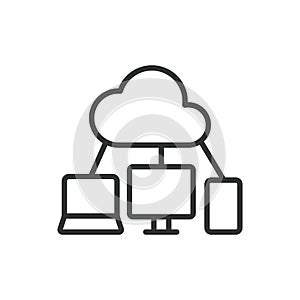 Cloud storage for devices, icon in line design. Cloud, storage, devices, sync, data, backup, file on white background photo