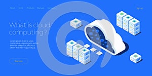 Cloud storage download isometric vector illustration. Digital service or app with data transfering. Online computing technology.