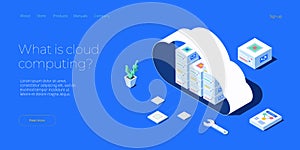 Cloud storage download isometric vector illustration. Digital service or app with data transfering. Online computing technology.