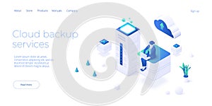 Cloud storage download isometric vector illustration. Digital service or app with data transfering. Online computing technology.