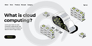 Cloud storage download isometric vector illustration. Digital service or app with data transfering. Online computing technology.