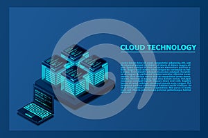 Cloud storage download isometric vector illustration. Digital service or app with data transfering. Online computing technology. 3