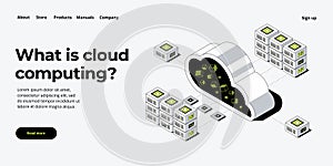 Cloud storage download isometric vector illustration. Digital service or app with data transfering. Online computing technology. photo