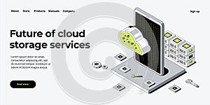 Cloud storage download isometric vector illustration. Digital service or app with data transfering. Online computing technology. photo