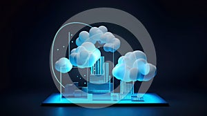 Cloud storage for downloading. digital service or application with data transmission. Network computing technologies. Futuristic