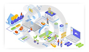 Cloud storage and file transfer services, vector isometric illustration. Upload files to cloud storage, edit files in it