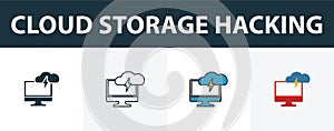 Cloud Storage Hacking icon set. Four simple symbols in diferent styles from icons collection. Creative cloud storage hacking icons