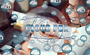 Cloud storage icons flying from the center. Hands of a businessman using a laptop with a smartphone and the inscription: CLOUD PBX