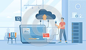 Cloud storage, Internet hosting provider. Man uploads data to cloud service, sync or makes backup. Flat cartoon vector illustratio