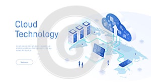 Cloud storage isometric. Cloud computing technology users network configuration. Internet data services. Online