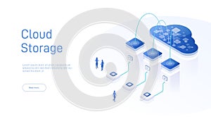 Cloud storage isometric. Computer service technology. Network infrastructure. Data server platform. Online devices