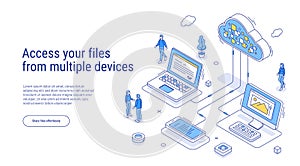 Cloud storage isometric. Computer service technology. Network infrastructure. Data server platform. Online devices