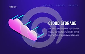 Cloud storage isometric concept. Cloud Hosting Network. 3d servers and datacenter connection network.