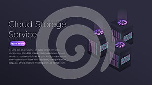Cloud storage. Isometric illustration of web hosting futuristic servers. Cloud storage service landing page design
