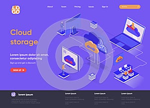 Cloud storage isometric landing page. Internet hosting provider, data storage service isometry concept. Secure cloud storage,