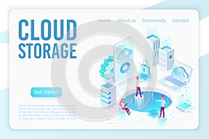 Cloud storage isometric vector landing page template