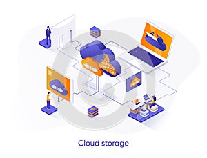 Cloud storage isometric web banner. Secure cloud storage, database system isometry concept. Internet hosting provider 3d scene,