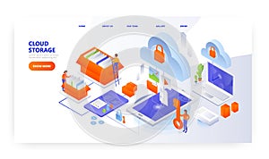 Cloud storage landing page design, website banner vector template. Computer data storage. Cloud computing technology.