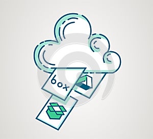 Cloud storage logo. File repository icon. Hosting service banner. Synchronize documents. Hand drawn design. Vector illustration