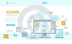 Cloud Storage. Online cloud computing, network hosting, services. Computer, phone, tablet, server, personal information, clouds.