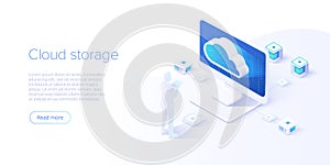 Cloud storage and pc download in isometric vector design. Computer service or app with data transfering. Online computing