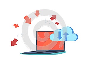 Cloud Storage Protection, Hacker and Ddos Attack Threat Concept with Laptop under Red Arrows and Cloud Digital Data