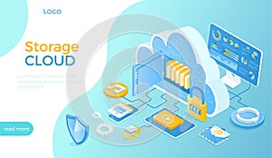 Cloud storage. Remote Data Storage service. Hosting provider, Data backup, Cloud computing. Big cloud with connected computer, pho