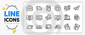 Cloud storage, Search file and Baggage app line icons. For web app. Vector