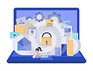 Cloud storage security. Data storage security concept. Data processing. Computer device. Vector illustration