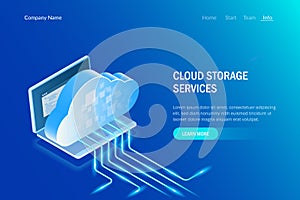 Cloud Storage Services Isometric Concept. Data loading process. Information Technology. Web site template. Blue vector