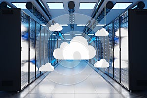 cloud storage share logo in large modern data center with multiple rows of network internet server racks, 3D Illustration