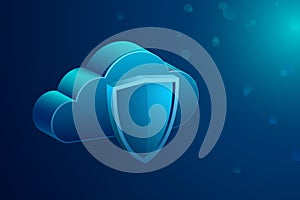 Cloud storage and shield sign, data protection concept. Isometric vector illustration
