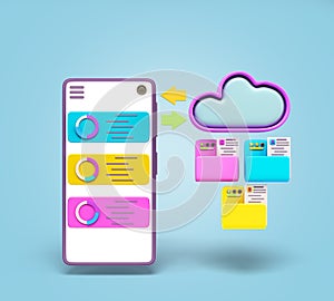 Cloud storage sync concept smartphone with file folders on screen 3d render on blue gradient