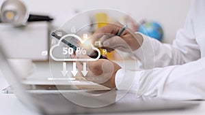 Cloud storage technology concept. Businessmen use laptops to synchronize documents or data to online storage. Upload and download