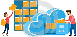Cloud storage technology concept. People stacking folders with information to online storage cell