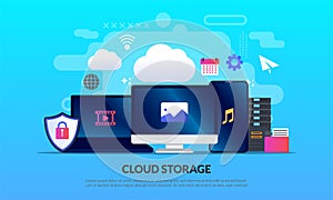 Cloud storage technology concept, Secure data upload and download, Hosting network service or online database storage system, flat