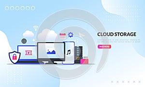 Cloud storage technology concept, Secure data upload and download, Hosting network service or online database storage system, flat