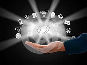 Cloud storage and technology concepts with up and down arrows of information flow on a cloudy background. Big data, cloud