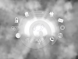 Cloud storage and technology concepts with up and down arrows of information flow on a cloudy background. Big data, cloud