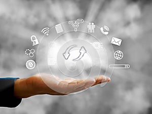 Cloud storage and technology concepts with up and down arrows of information flow on a cloudy background. Big data, cloud